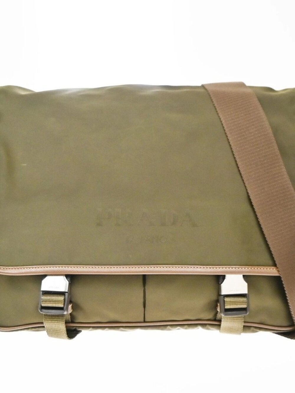PRADA Logo Tessuto Shoulder Bag Nylon Leather Khaki Brown SHW Italy 32KD510